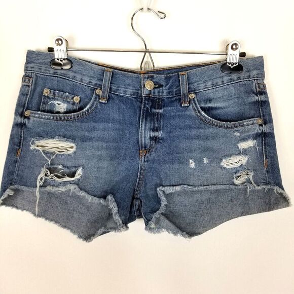 RAG & BONE Women Midrise Destroyed Denim Shorts Size 26 Blue Cut Off - Picture 1 of 5